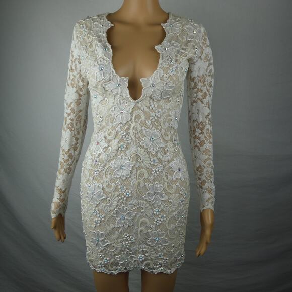 Holt Maison De Luxe Hand Painted Rhinestone Jeweled Lace Plunge Neck Mini Dress - Picture 1 of 5